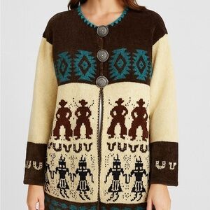 HILARY SMITH Southwestern Cowboy Chenille Tribal Cardigan Sweater Concho Buttons